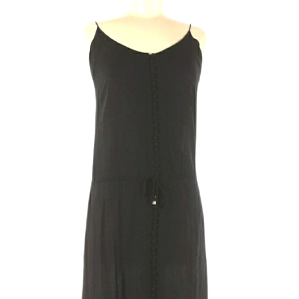 VIX Casual Black Long Maxi Dress Size M Tie Waist Spaghetti Strap V-neck Buttons - Picture 3 of 11